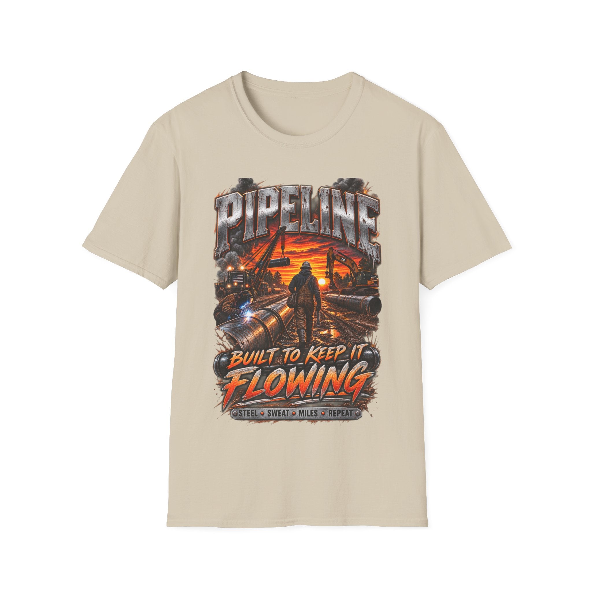 Pipeline Workers Sunset T-Shirt — "Built to Keep It Flowing" Oil & Gas Tee