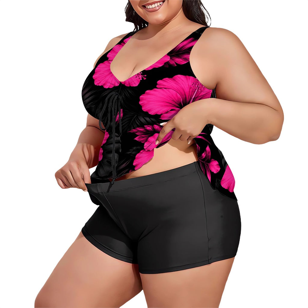 Plus Size Two Piece Swimsuit for Women Hot pink hibiscus on black