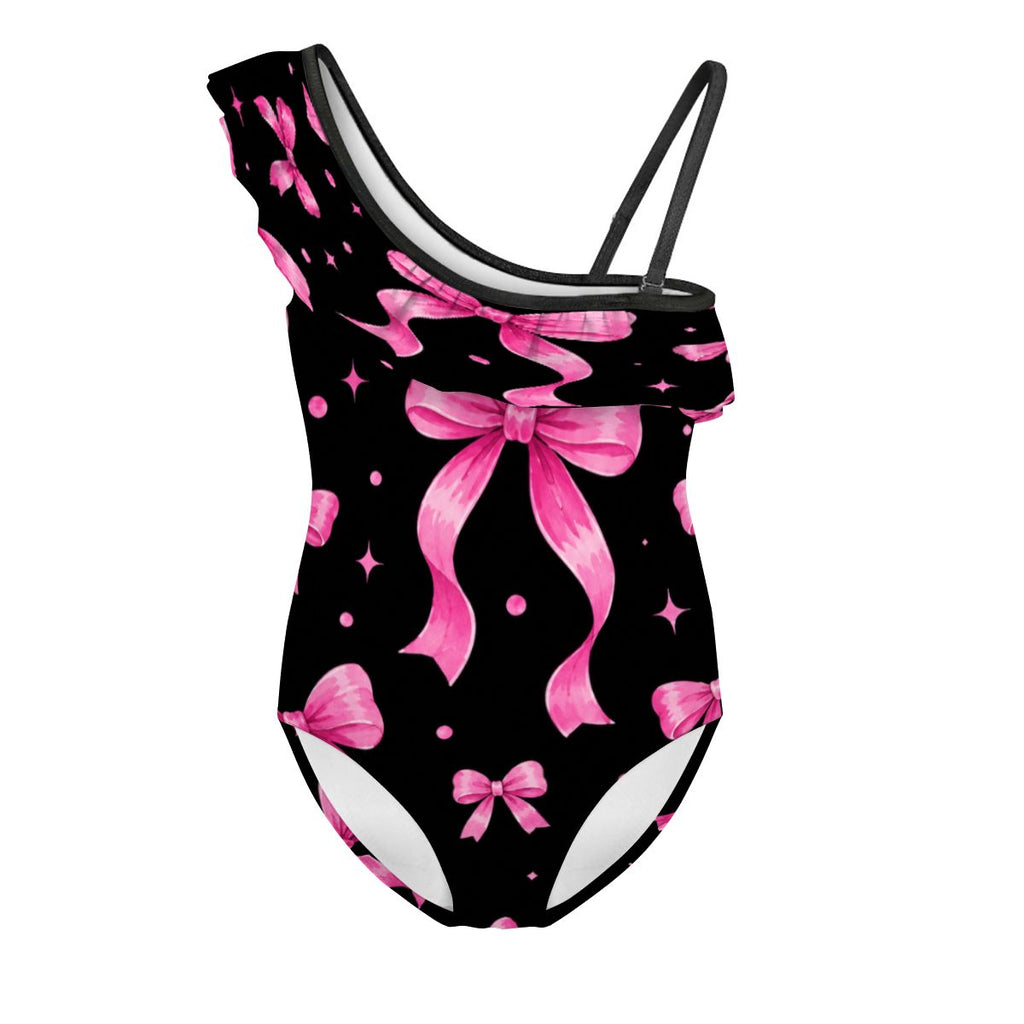 Girls One Shoulder One Piece Swimsuit pink bow print