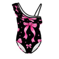 Girls One Shoulder One Piece Swimsuit pink bow print