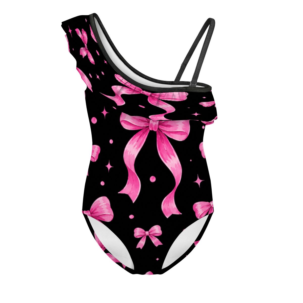 Girls One Shoulder One Piece Swimsuit pink bow print