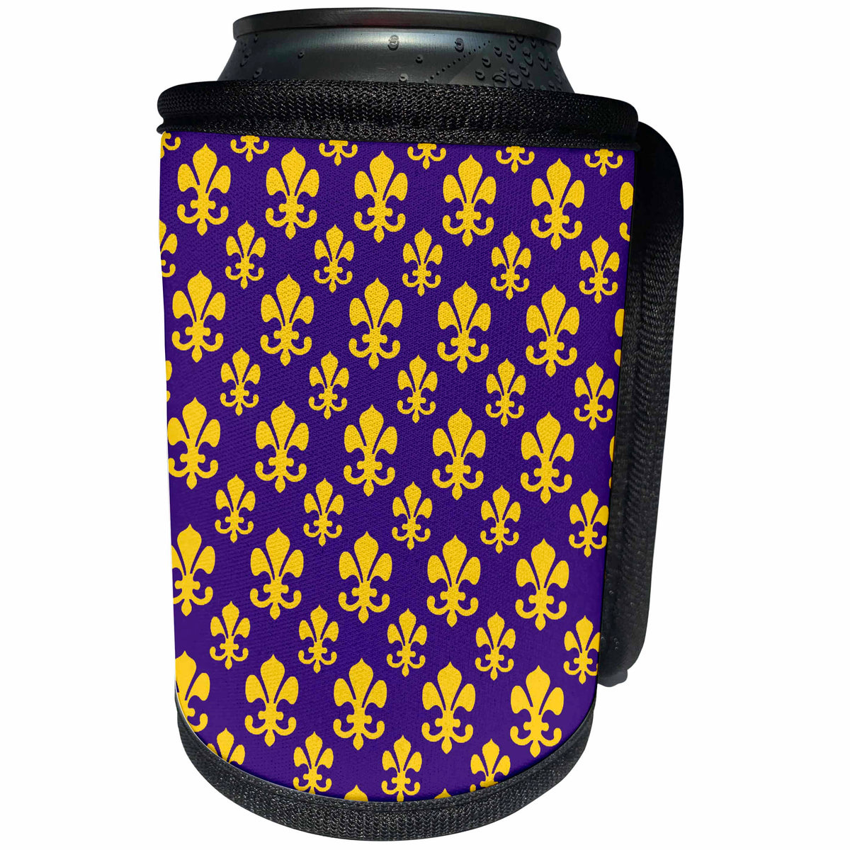 3dRose 777images Designs Graphic Design Fleur de lis - Fleur de lis pattern in LSU colors Dark Purple and Canary Yellow - Can Cooler Bottle Wrap (cc_31334)