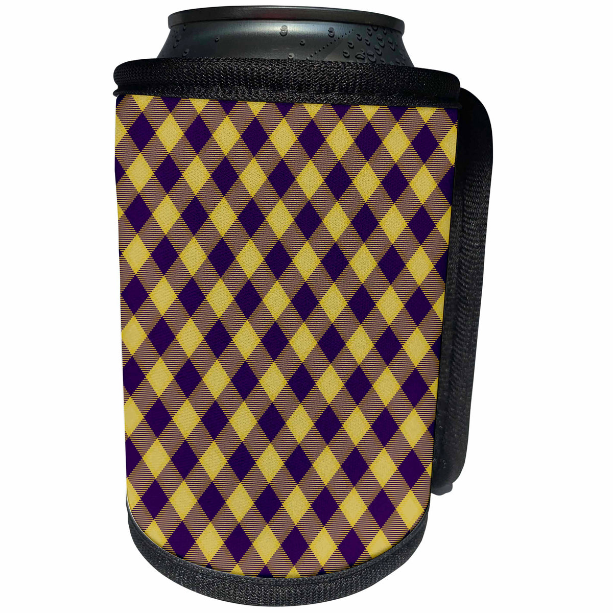3dRose 777images Designs Patterns - Purple and Gold LSU Tartan Dark purple and yellow - Can Cooler Bottle Wrap (cc_31345)