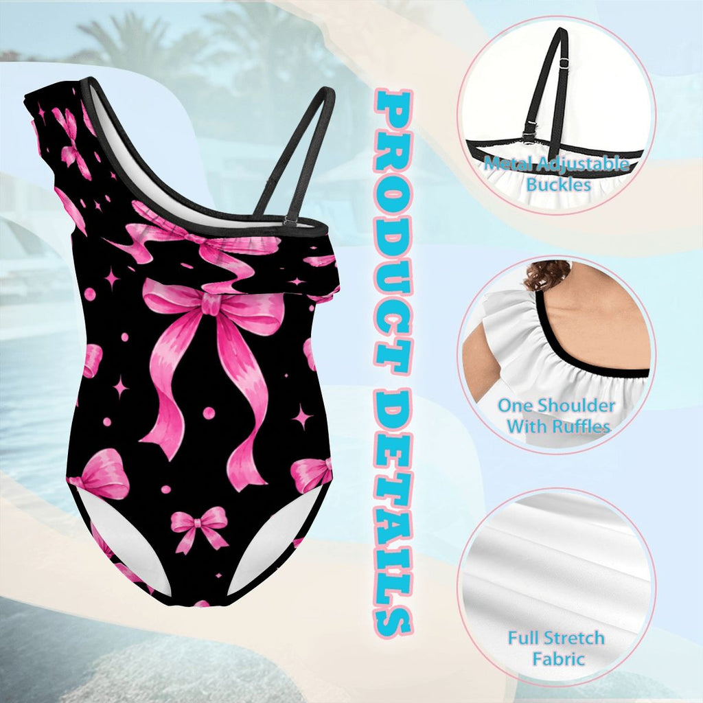 Girls One Shoulder One Piece Swimsuit pink bow print
