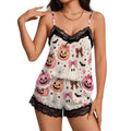 Women Cami Lace Pajama Set pink pumpkin print