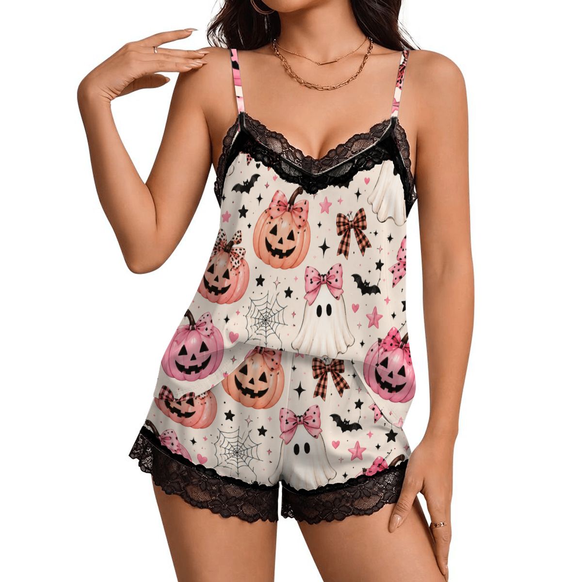 Women Cami Lace Pajama Set pink pumpkin print