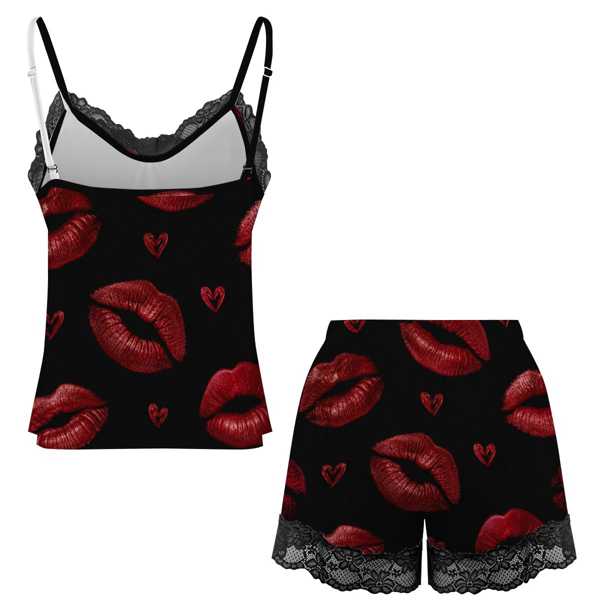 Women Cami Lace Pajama Set kiss print