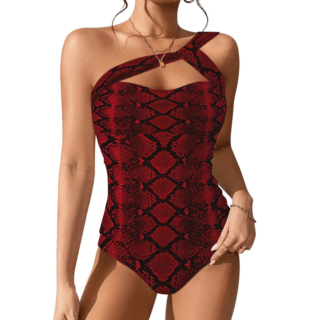 OneShoulder Two Piece Swimsuit Customized Services red snakeskin print
