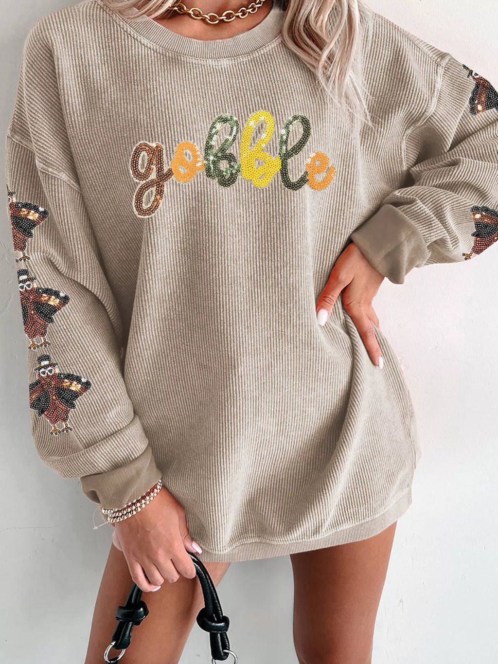 Gobble Corded Ribbed Thanksgiving Turkey Sequin Patched Sleeve Sweatshirt