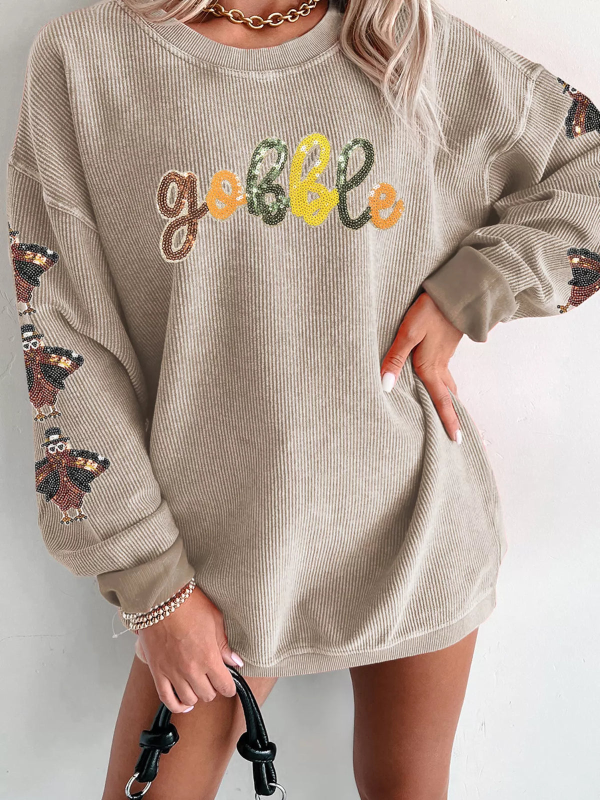 Gobble Corded Ribbed Thanksgiving Turkey Sequin Patched Sleeve Sweatshirt