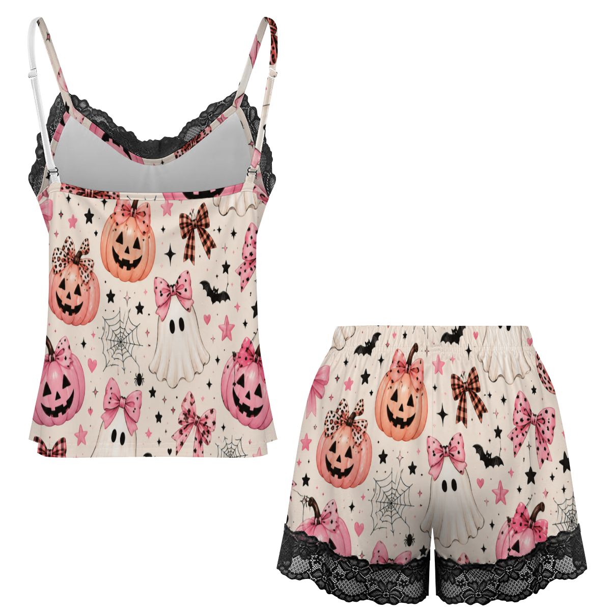 Women Cami Lace Pajama Set pink pumpkin print