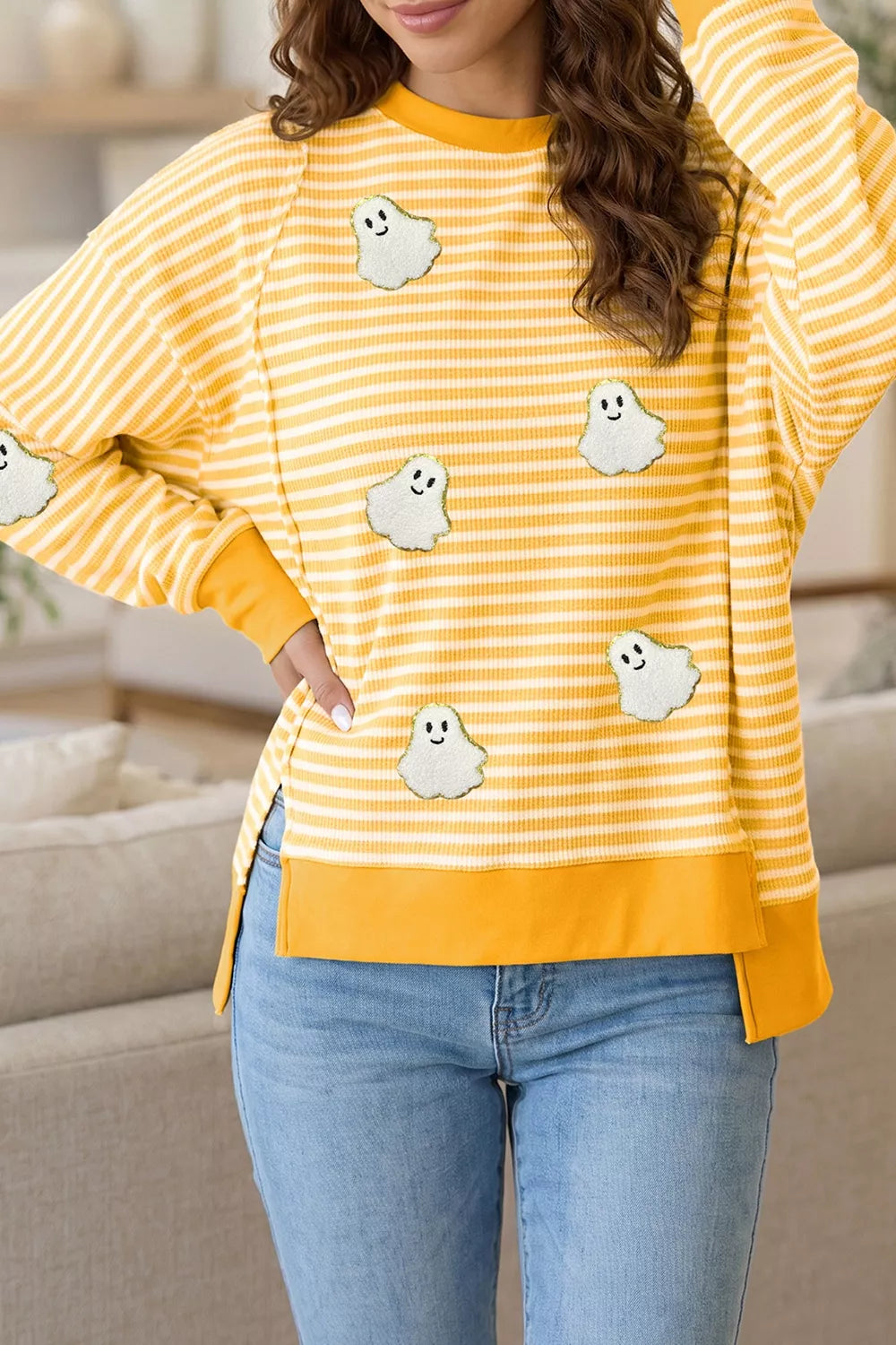 Stripe Halloween Ghost Patch Round Neck Long Sleeve Top