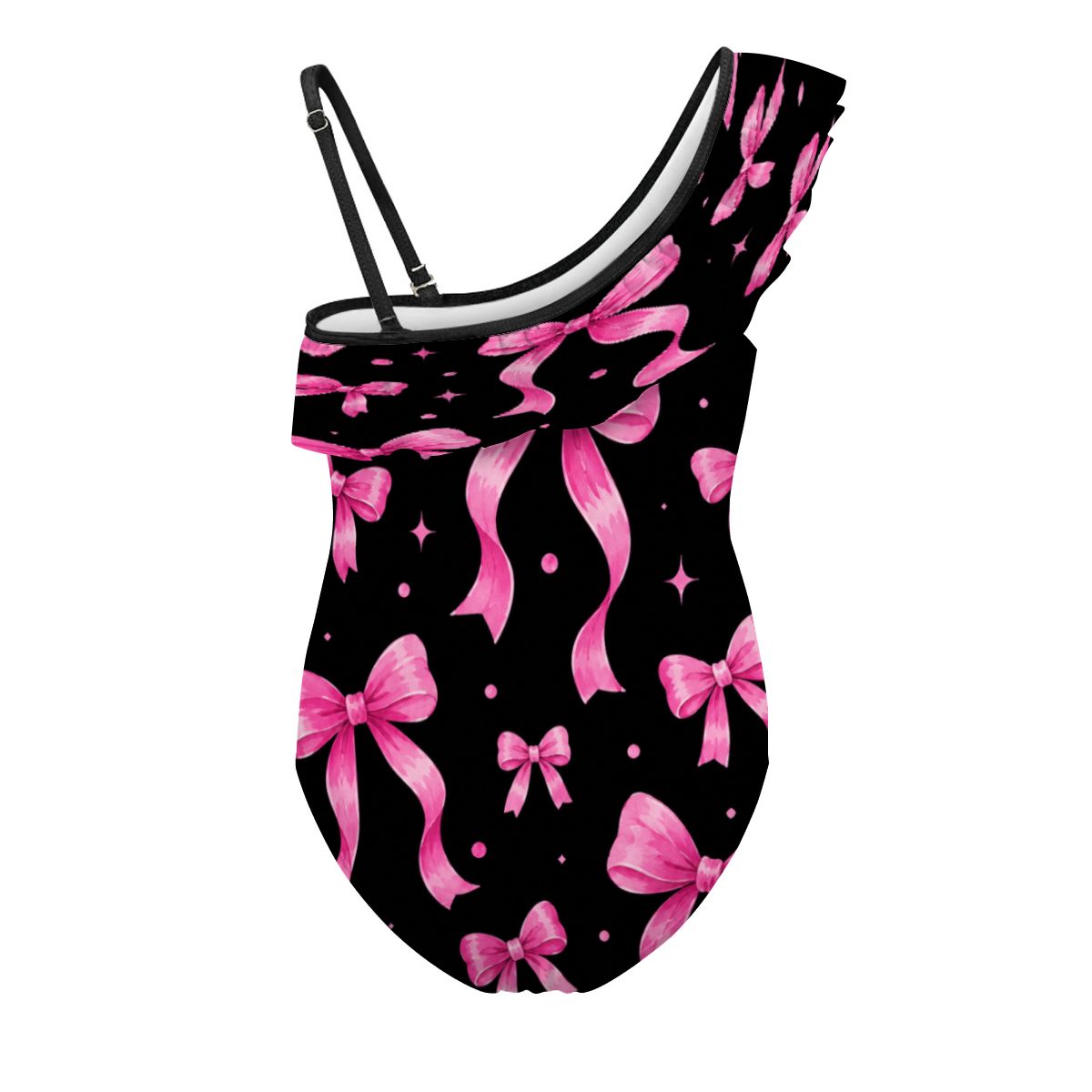 Girls One Shoulder One Piece Swimsuit pink bow print