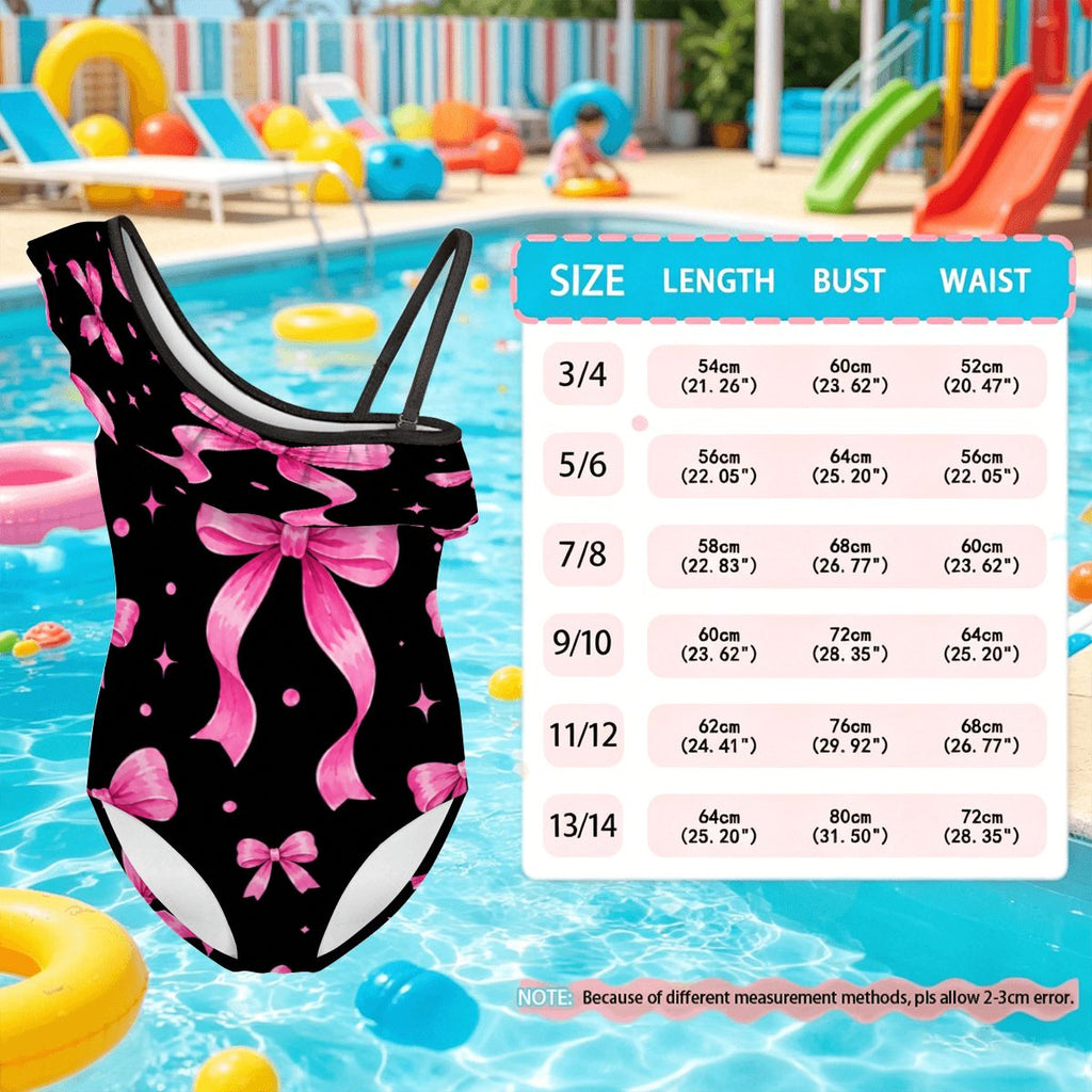 Girls One Shoulder One Piece Swimsuit pink bow print
