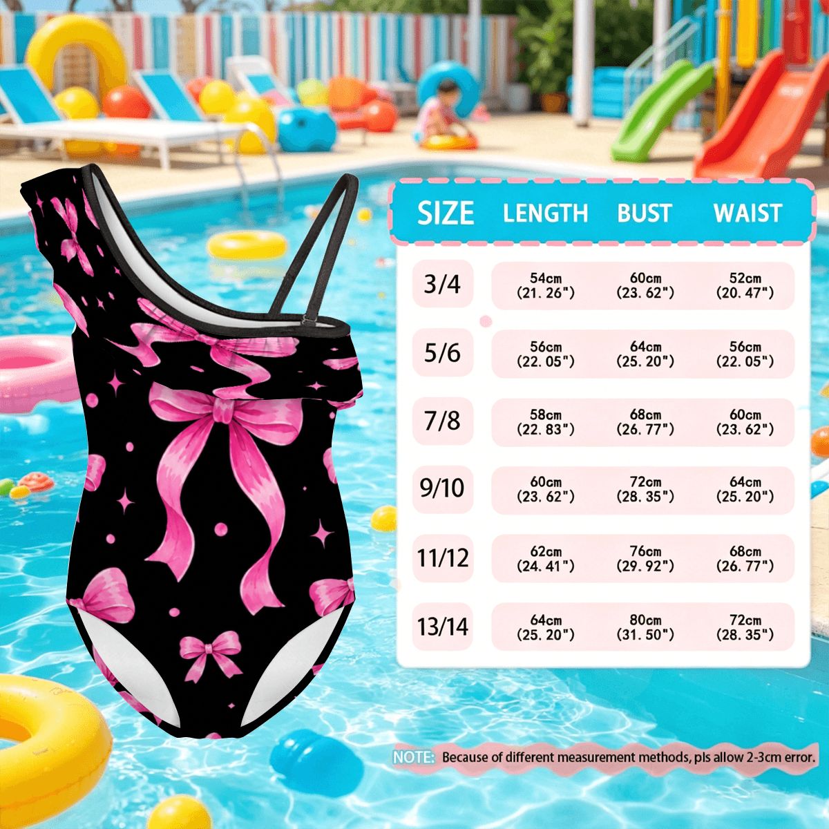 Girls One Shoulder One Piece Swimsuit pink bow print