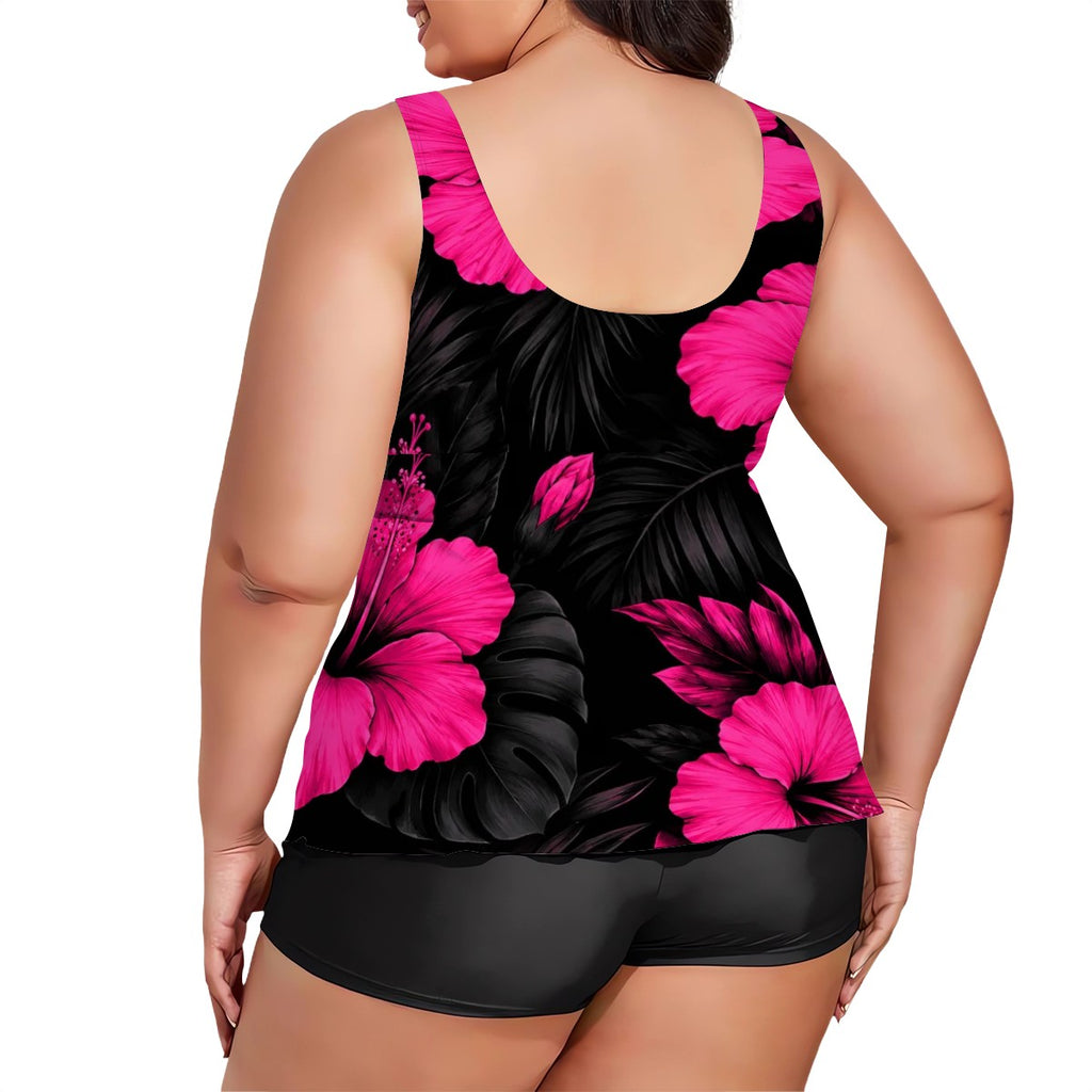 Plus Size Two Piece Swimsuit for Women Hot pink hibiscus on black