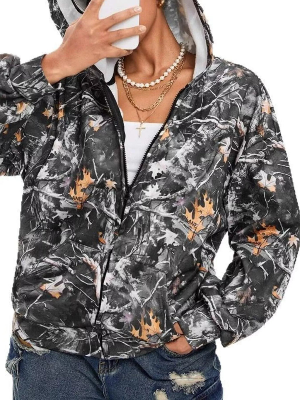 Vintage Printed Zip-Up Hoodie